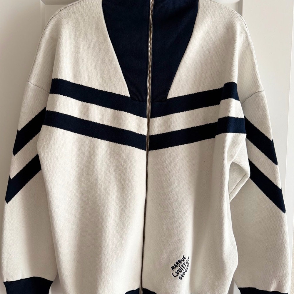Louis Vuitton Cream and Navy Zip-Up V-Stripe Sweater